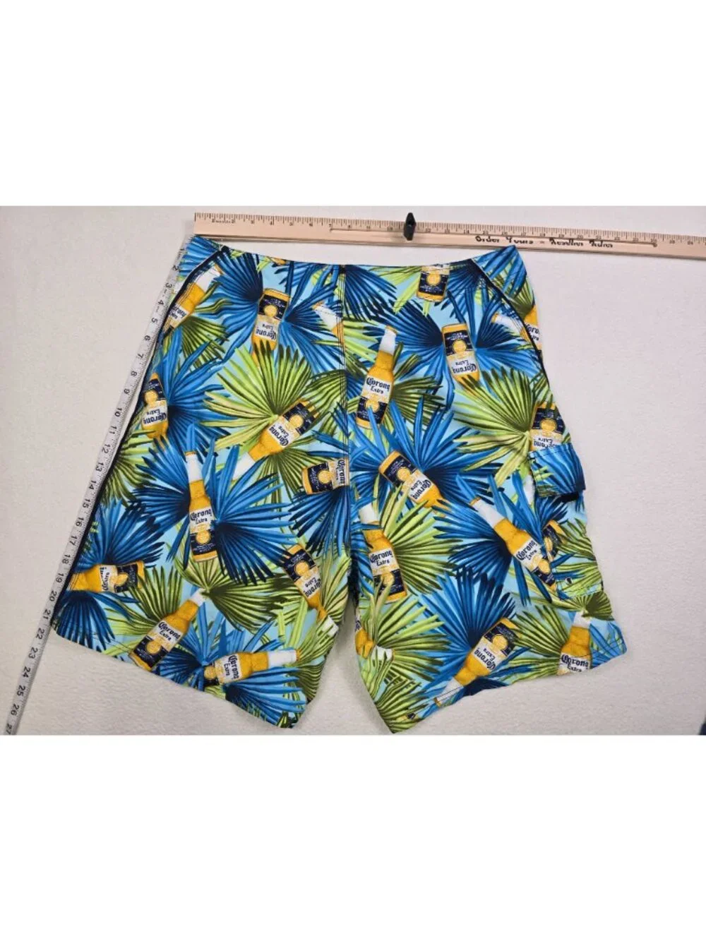 Corona Extra Mens 36 Swim Trunks Tropical Palm & Beer Print